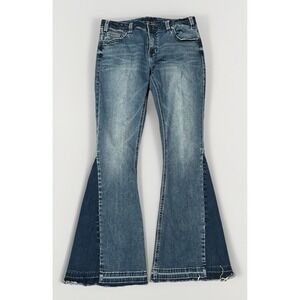 Rock & Roll Cowgirl Mid Rise Bell Bottom Jean *30x34 Blue Women Flare Distressed